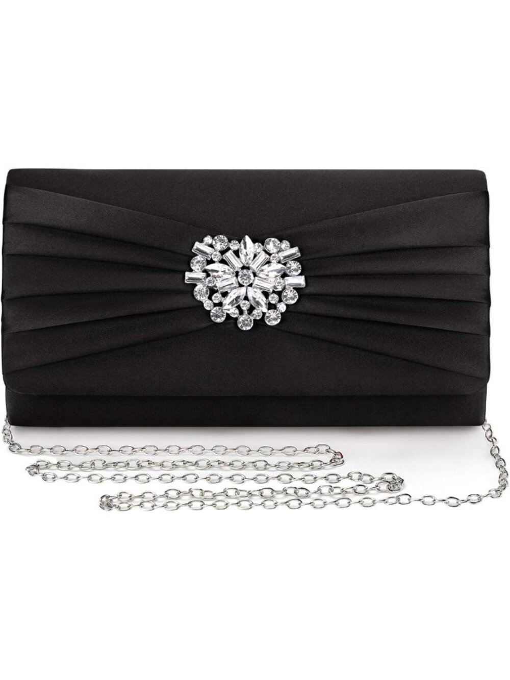 Elegant Pleated Satin Evening Bag with Rhinestone Brooch & Detachable Chain